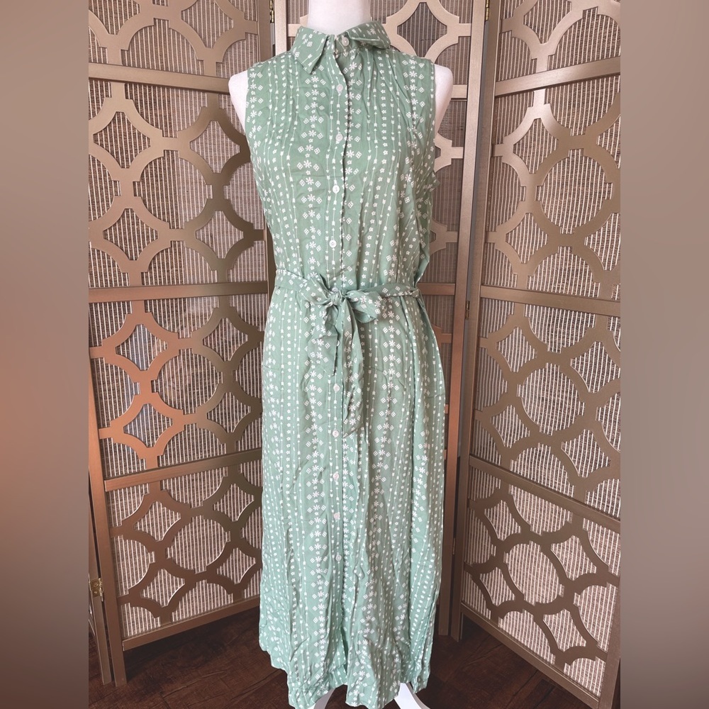 NWT| Mint & Ecru Floral Geometric Belted Sleeveless Maxi Shirt Dress | S